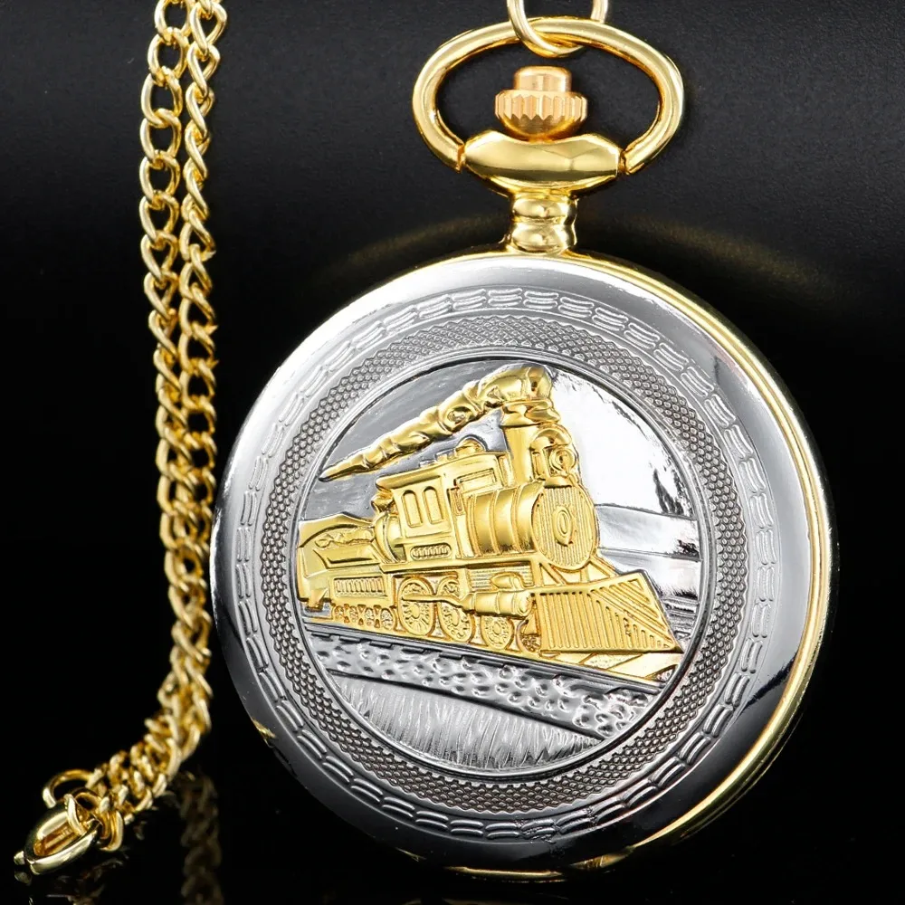 العتيقة Steampunk قطار محفورة ساعة جيب كوارتز نصف هنتر فوب سلسلة الساعات اكسسوارات رجالية أفضل قلادة هدية
