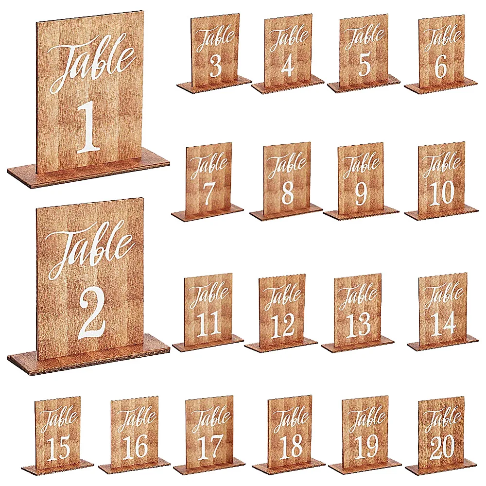 20pcs Elegant Flat Printed Wooden Table Number Cards，Dining Table Nameplates For Weddings, Banquets, Parties，Classic Design
