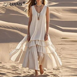 Retro Solid Cotton Linen Pleated Long Dress Woman Spring Fashion V Neck Loose Maxi Dress Summer Sleeveless Tank Boho Beach Dress