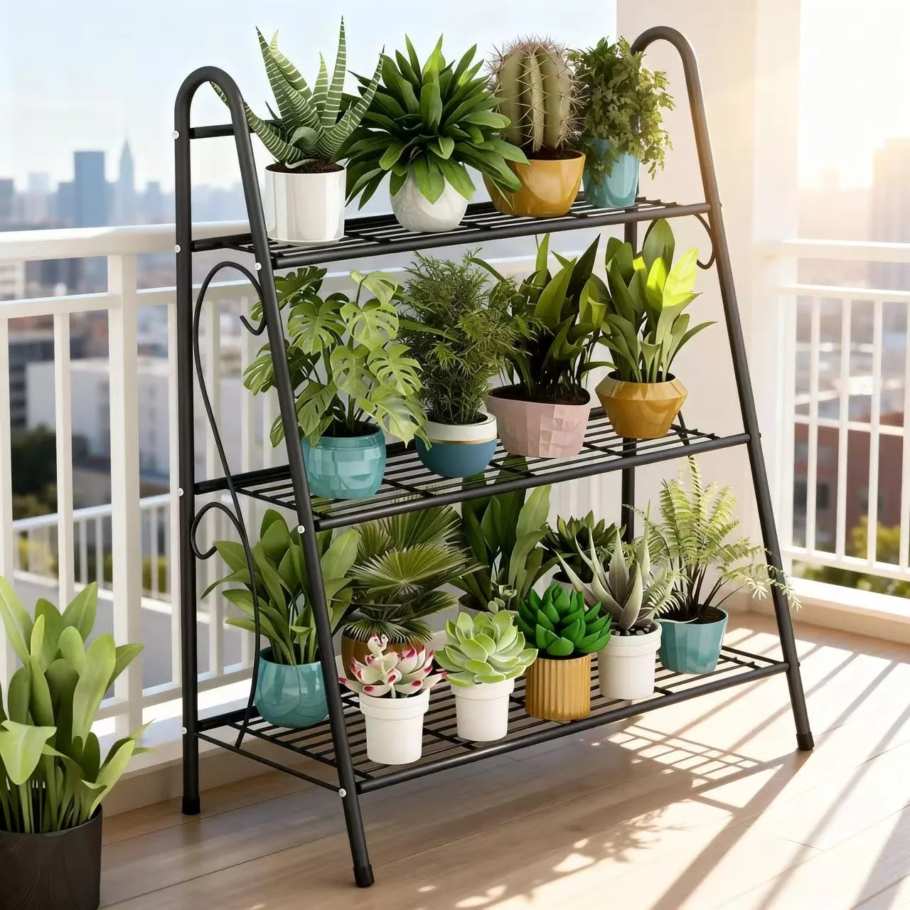 3-stufiger Metall-Pflanzenständer, platzsparend – rostgeschützt – für Balkon, Wohnzimmer, Garten – Innen- und Außendekoration