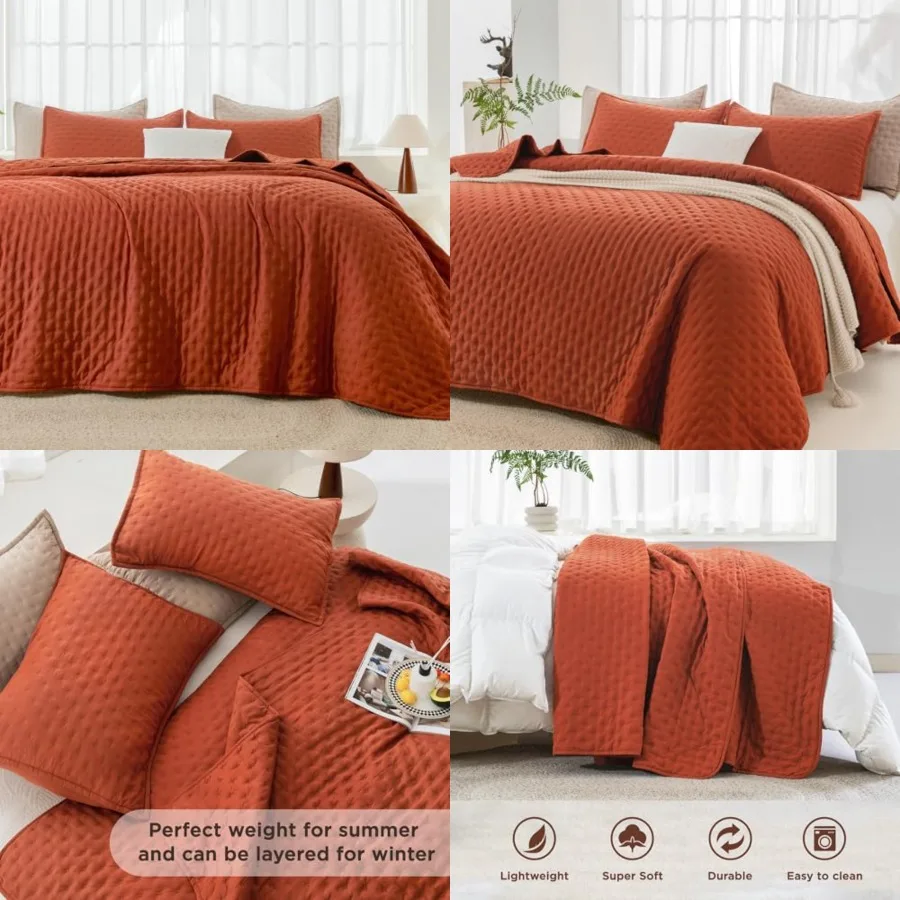 King Size Quilt Bedding Set 106x96 Inch,3 Pieces Fall Soft Lightweight Bedspread Coverlet, Terracotta Rust Boho Summer Quilt Ki