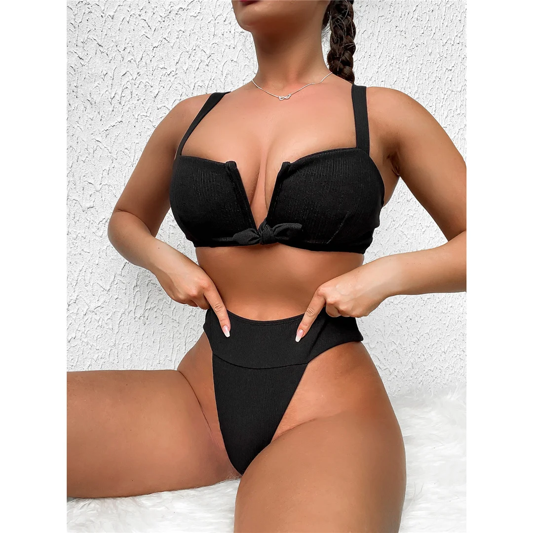 Schwarzer, hoch geschnittener, V-förmiger, gerippter Bikini, Damen-Badeanzug, zweiteiliges Bikini-Set, Badebekleidung, Badeanzug, Schwimmbekleidung V7873 – Detail 3