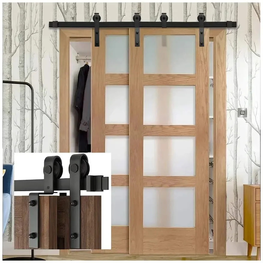 4-16FT Sliding Bypass Barn Door Hardware Slides Kit Sliding Door Hanging Track System J-Shaped Roller Rails for Double Door