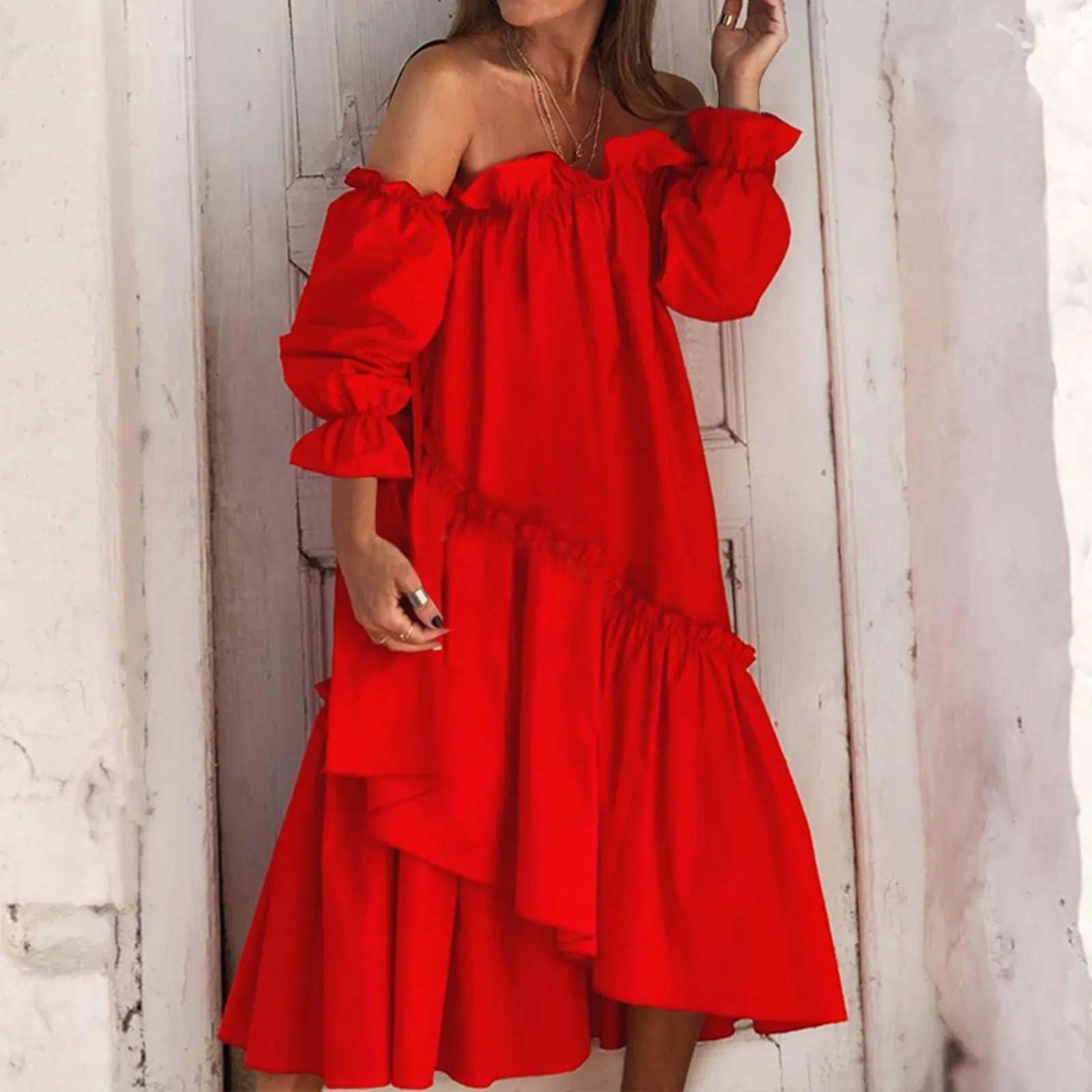 Asymmetrical Loose Off Shoulder Long Dress Women Irregular Ruffles Midi Dresses Holiday Long Sleeve Robe Bohemian Beach Sundress