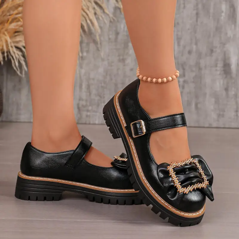 

Sweet Bowknot Decoration Thick Bottom Mary Jane Shoes Summer 2026 Comfortable Platform Black Oxford Shoes Loafers for Women
