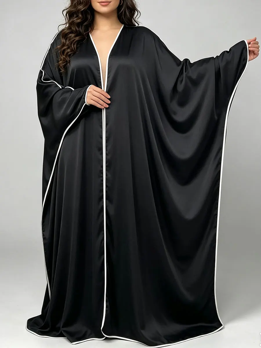 Elegant Satin Abaya Kimono for Women Luxury White Piping Loose-Fit Modest Dress Casual Party Evening Long Robe