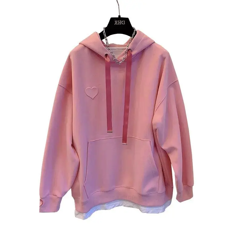 

Fashionable Sweet Love Embroidered Fake Two Piece Hooded Sweatshirt for Women Autumn Design Loose and Versatile Casual Top