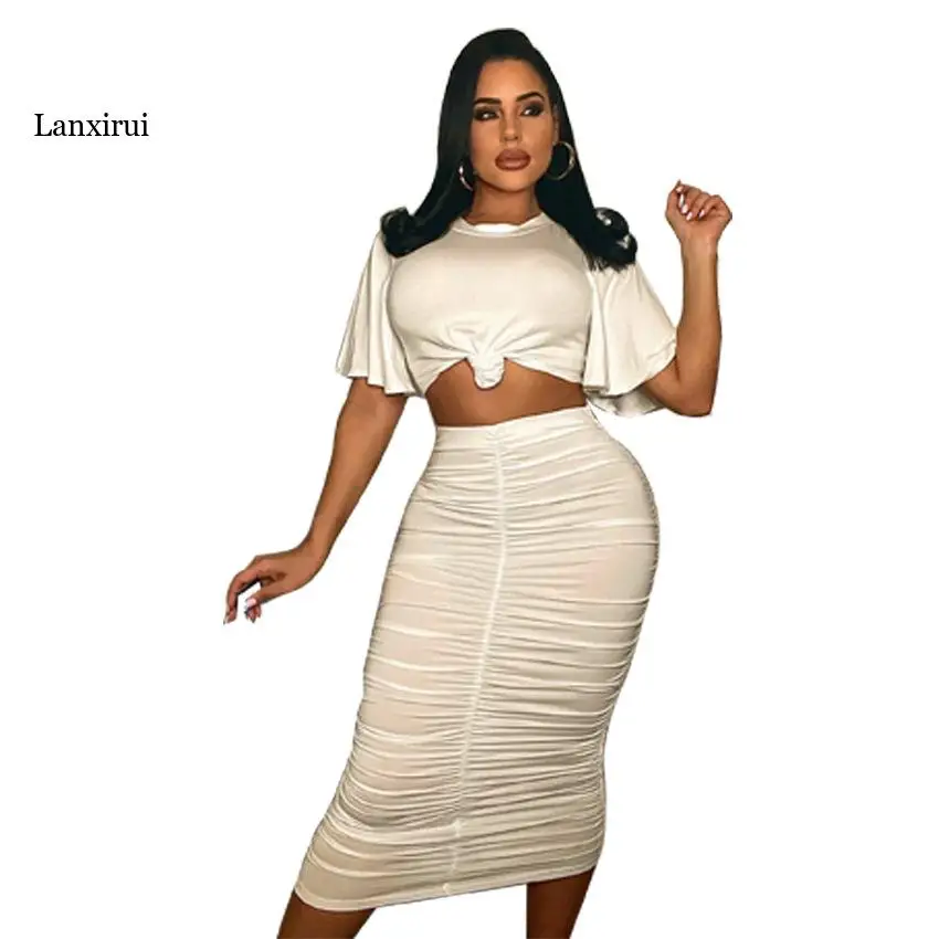 

Women Solid Tie Hem Mini T-shirt and Midi Ruched Skirt Matching Two 2 Piece Set Outfits 2022 Summer New Dress