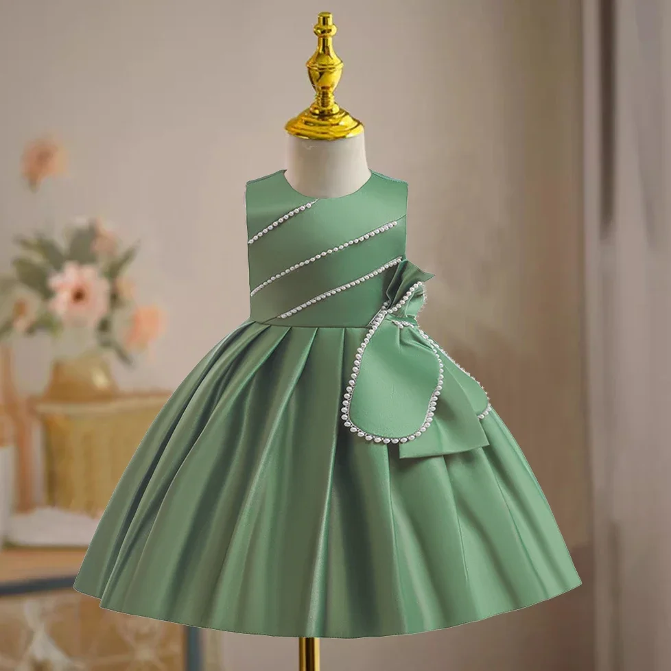 

Зеленое атласное платье для девочек-цветочниц, жемчужное - с бантом и асимметричной полоской, пышное платье без рукавов для свадьбы и вечеринки