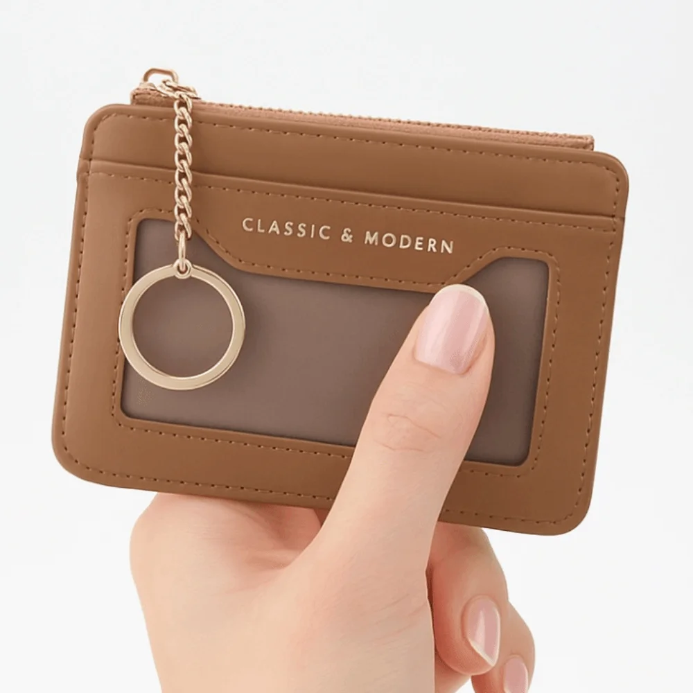 حامل بطاقة مع سلسلة المفاتيح حقيبة للبطاقات المعلقة بولي Leather الجلود رقيقة جيب محفظة نسائية للعملات المعدنية متعددة الوظائف سستة متعددة بطاقة المحفظة النساء/الفتيات