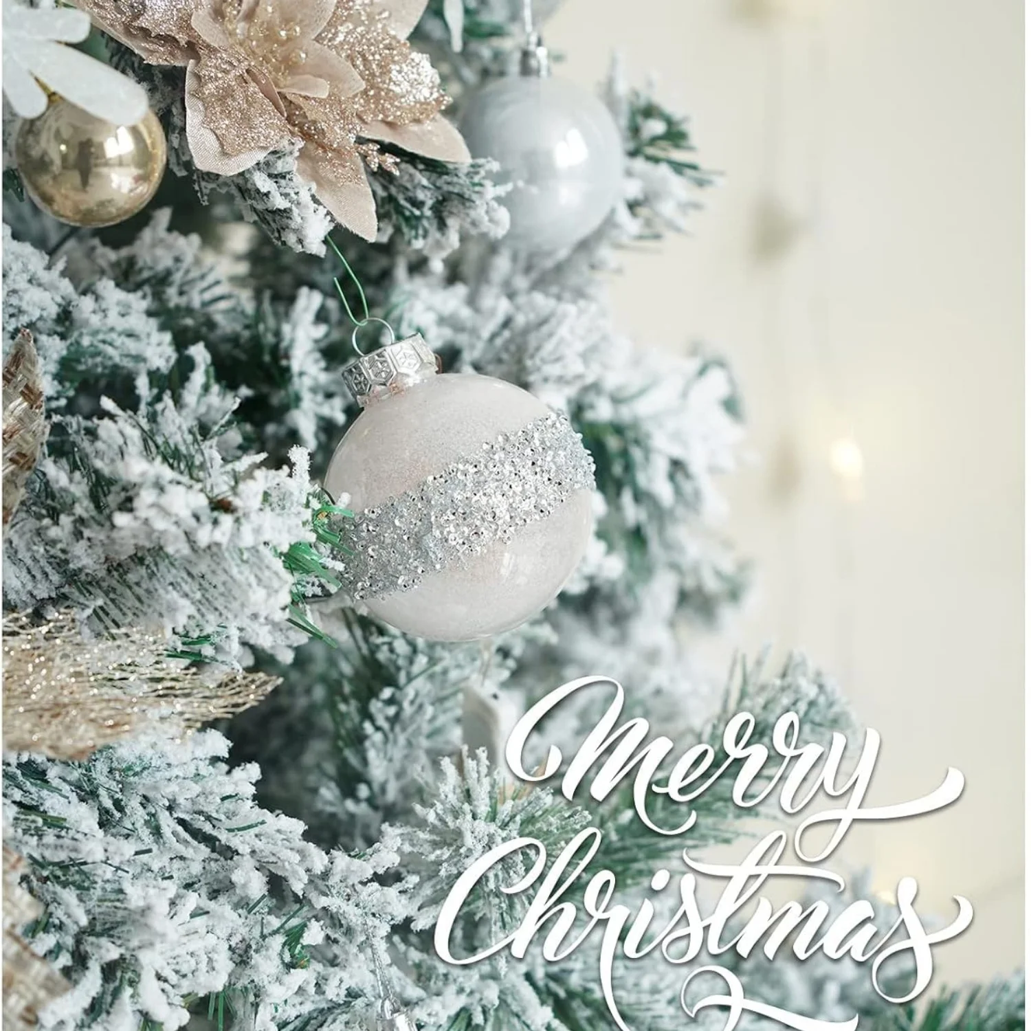 6 Inch Large Christmas Tree White Balls with Sequin Plastic Decorative Hanging Ornaments Decoration for Xmas Tree Party Holiday