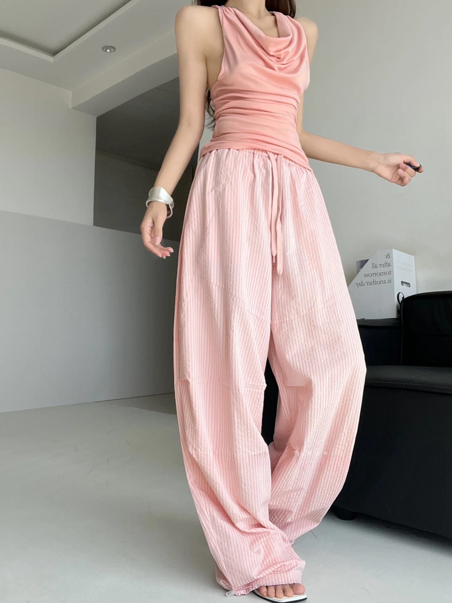 Pantalon amincissant à jambes larges, rayé rose, ample, vêtements de travail pour danse de rue, paresseux, décontracté, taille basse, taille élastique