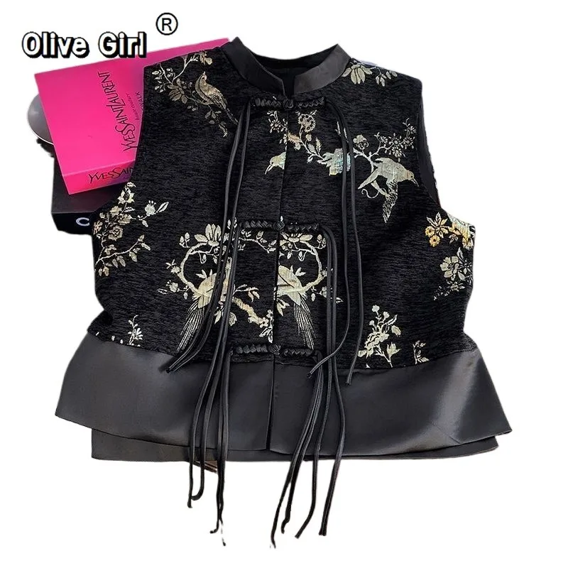 

Жилет Olivegirl, пальто с вышивкой, 2026, черный жилет с вышивкой в китайском стиле, элитная женская верхняя одежда