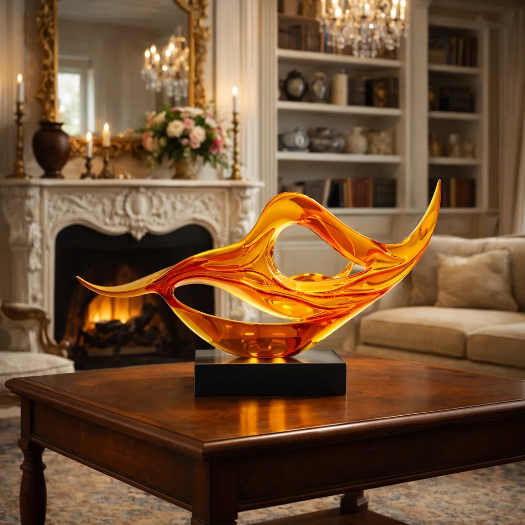 %R Orange Red Streamlined Resin Sculpture Modern Home Living Room Interior Decor Ornament！