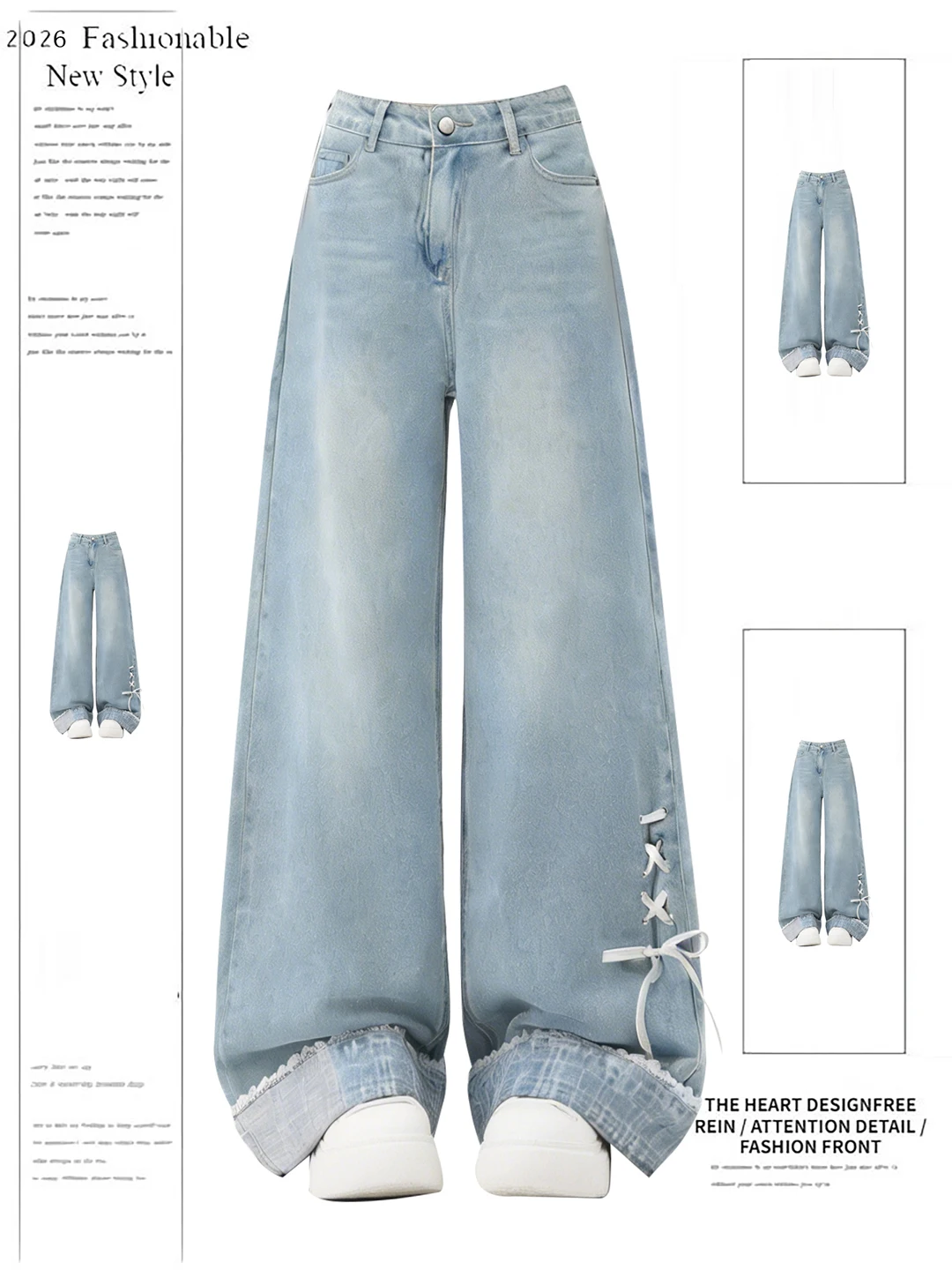 

High Waist Wide Leg Denim Pants Women's Spring Summer New Design Knot Belted Floor Length Casual Wear Denim Jeans