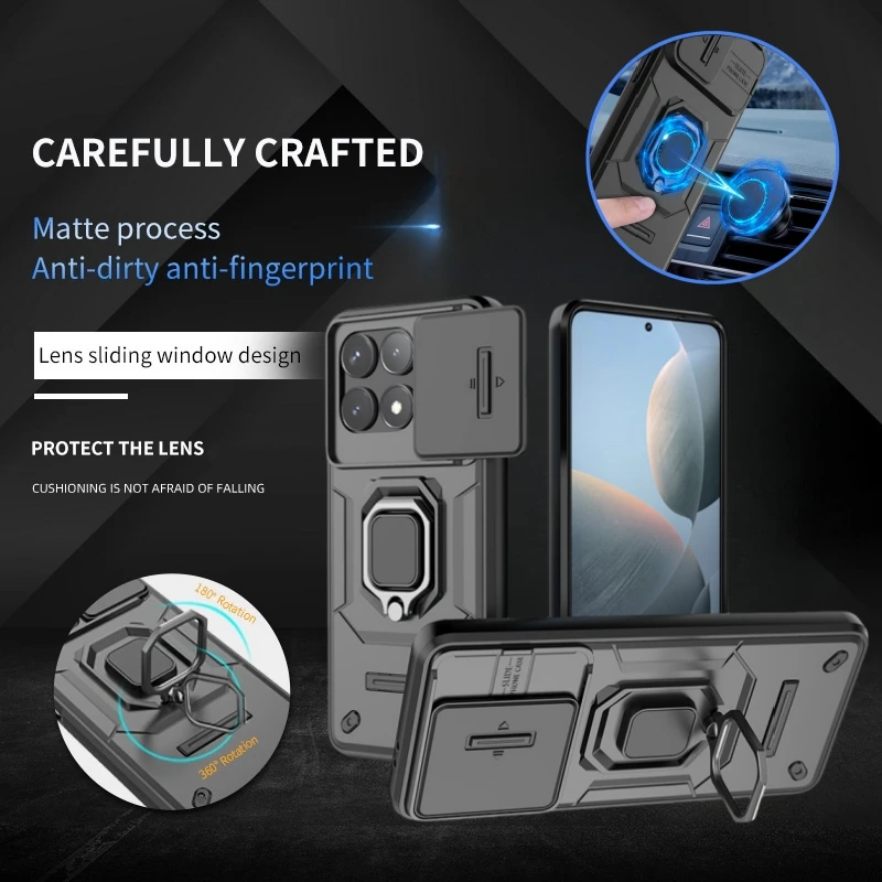 For Poco X6 Pro 5G Case Slide Camera Protect Armor Phone Case For Pocox6pro Poko Little X6Pro X 6 Pro Magnetic Holder Ring Cover