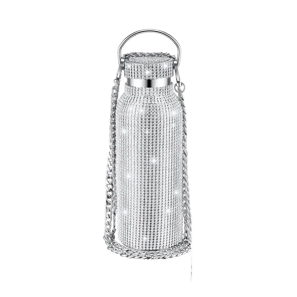 Thermal Rhinestone Water Bottle Stainless Steel Refillable Bling Cups Leak-Proof Removable Carrying Strap Sparkling Thermoses