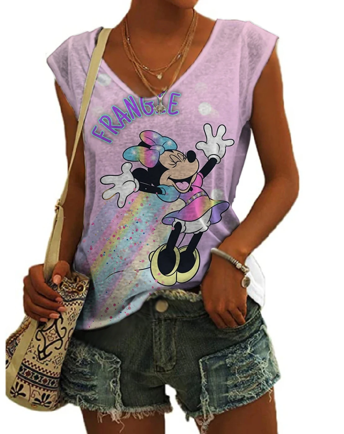 

Disney brand Mickey and Minnie anime print summer new street style sleeveless vest versatile casual ladies slim V-neck top Y2K