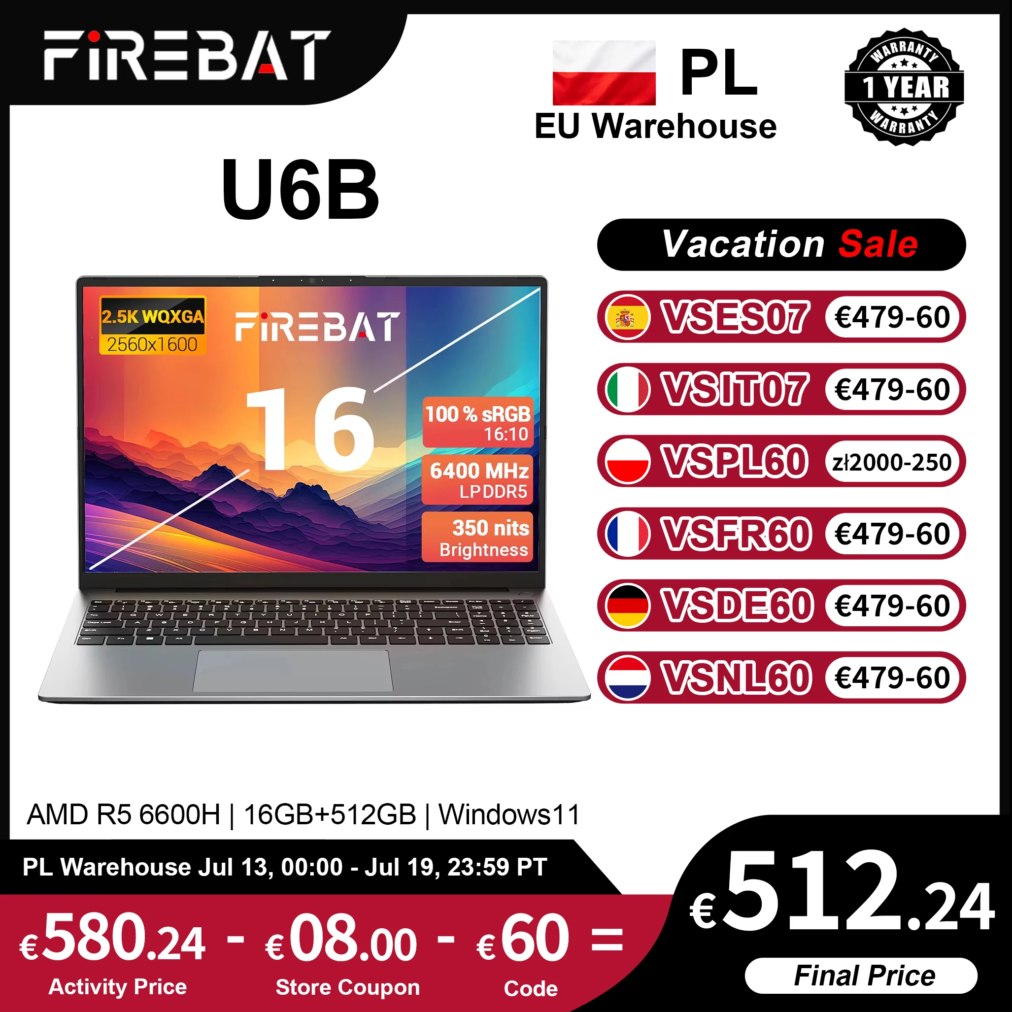 FIREBAT U6B Portátil de 16 pulgadas AMD Ryzen 5 6600H 16GB LPDDR5 RAM 512GB M.2 SSD WiFi 6 Bluetooth 5.2 Pantalla 2.5K 120Hz Windows 11