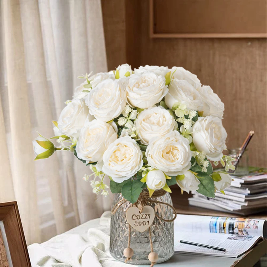 

White Silk Peony Vases for Home Room Decoration Scrapbook Christmas Garland Wedding Bouquet Party Accessories Artificial Flowers