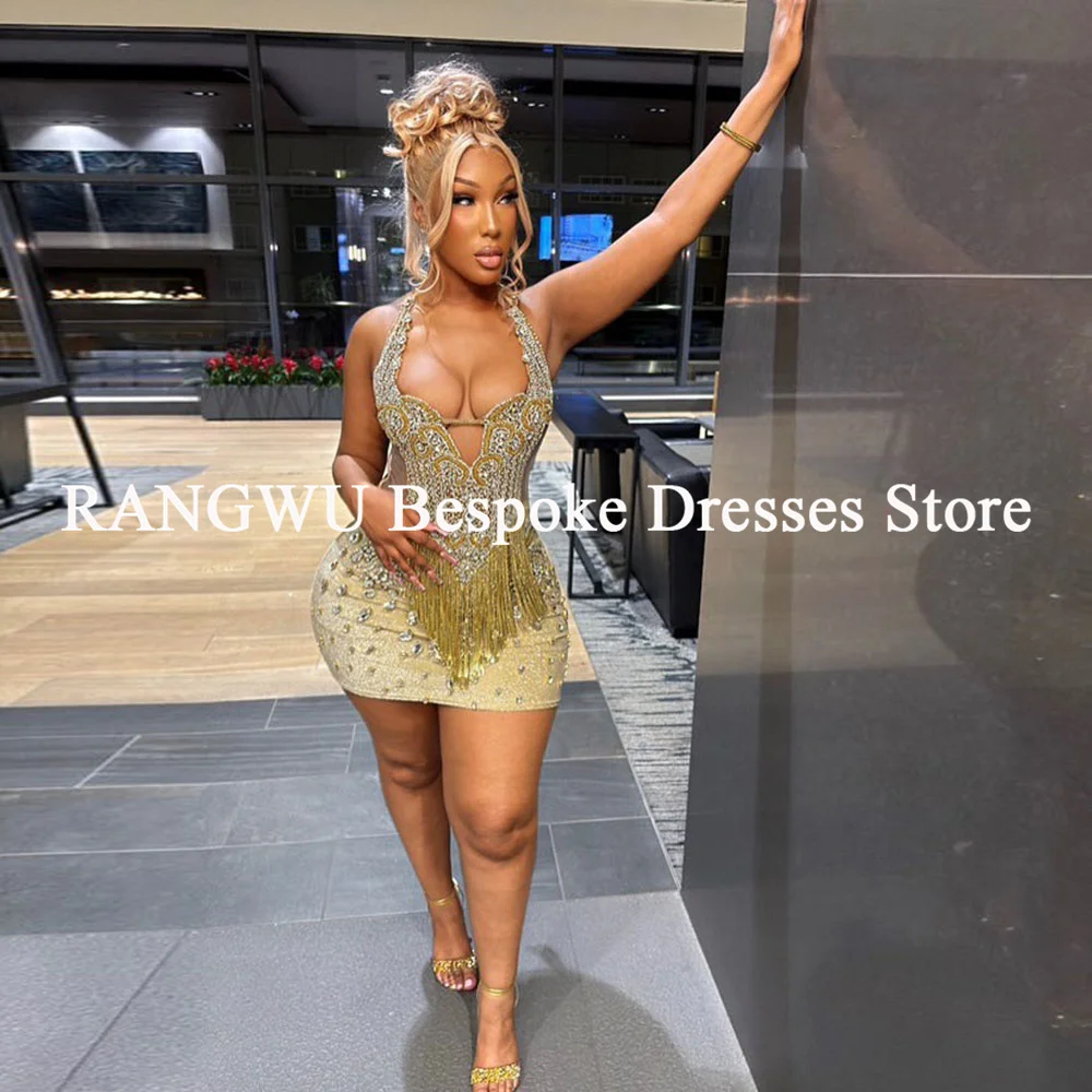 Shinny Champagne Birthday Dresses For Women Halter Crystal Short Prom Gowns Rhinestone Tassel Girls Party Dress Customized