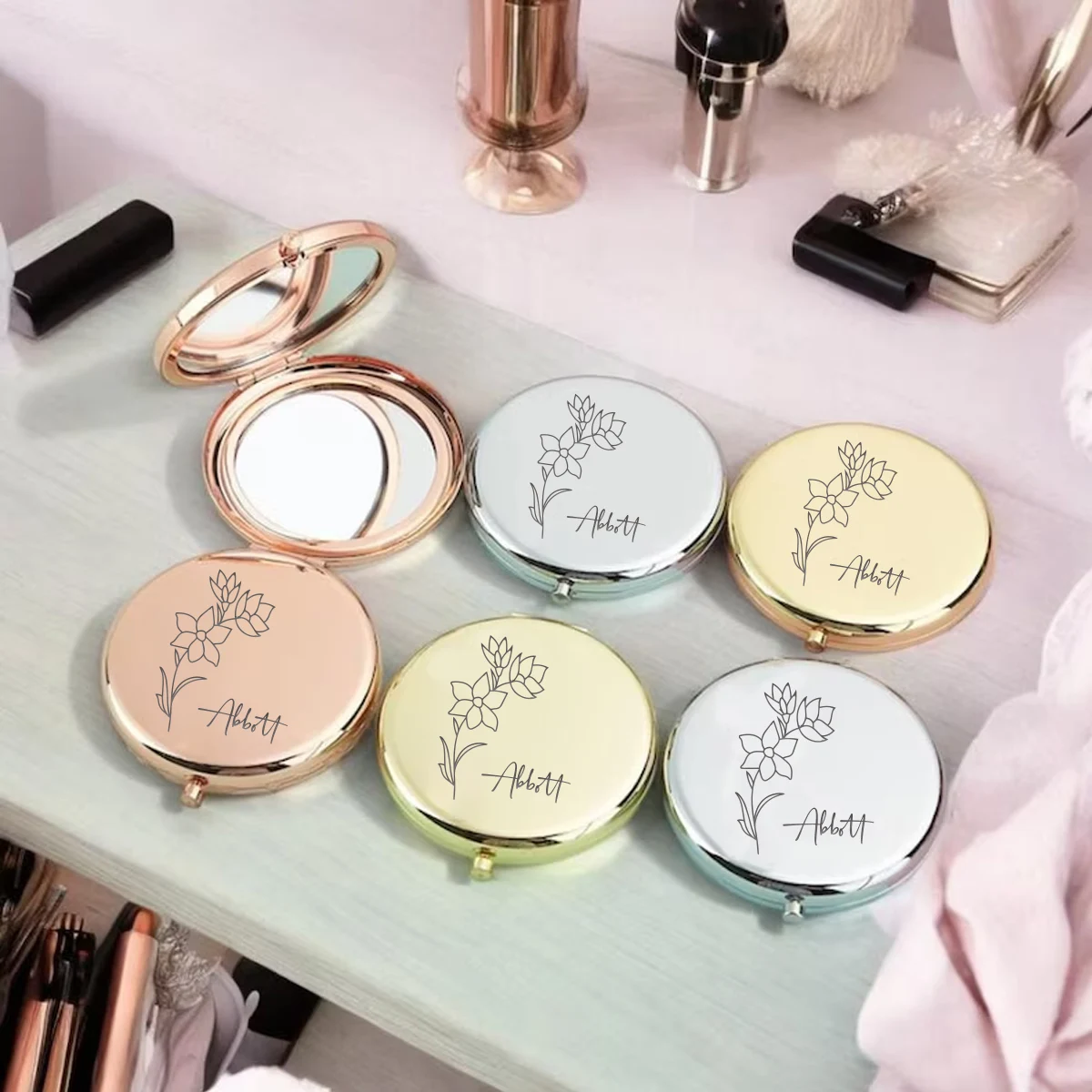 1pc Creative Flower Customized Name Pocket Mirror Mirror With Name Makeup Mirror Birthday Gift