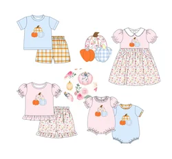 Baby Short Sleeve Set Round Neck Cute Pumpkin Embroidery Boy Blue Top Clothes And Lattice Pants With Girls Pink Sister Romper