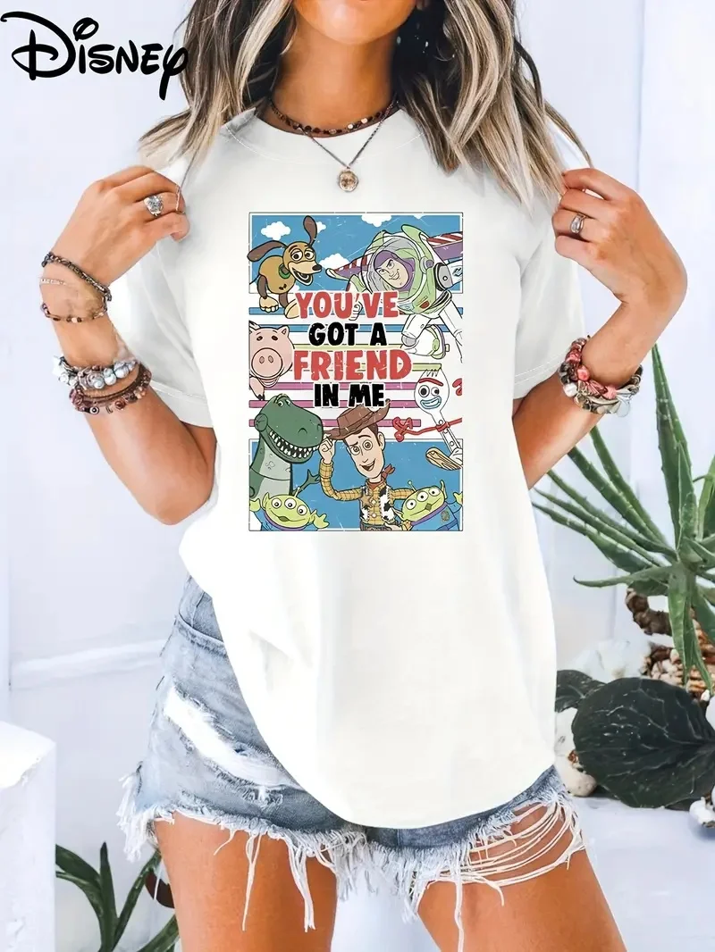 

2025 Disney Pattern Printed Women's Casual Comfortable Unique Smiling Face Black Round Neck Short Sleeve T-shirt