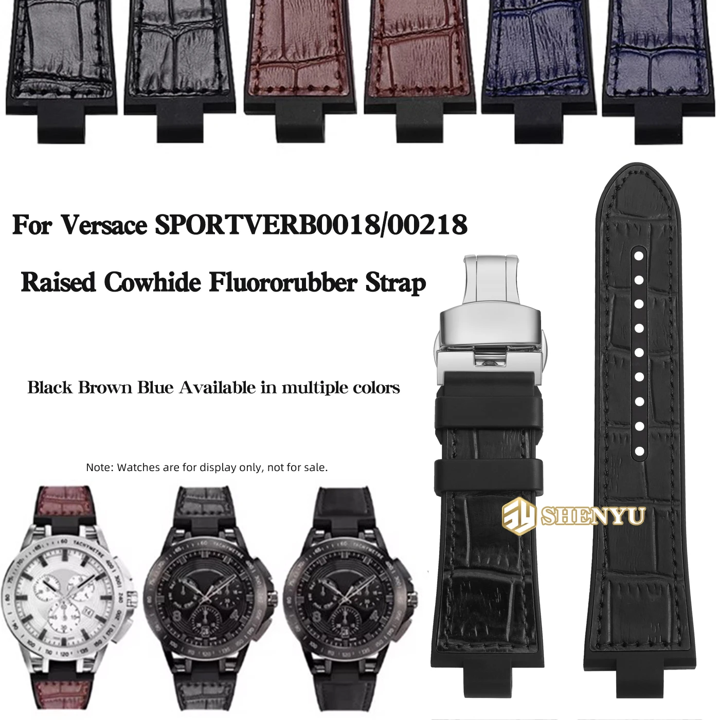 24mm Convex Mouth Replacement Watch Strap With Butterfly Buckle For Versace Sport VERB0018 VER00218, Black Brown Blue