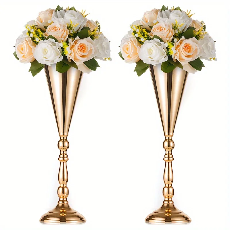 2pcs Desktop Metal Wedding Flower Horn Vase, 16.5inch / 14inch Desktop Decor Centerpiece,artificial Flower Arrangement Aisle Home Decor for Anniversary Celebration Party Birthday Events