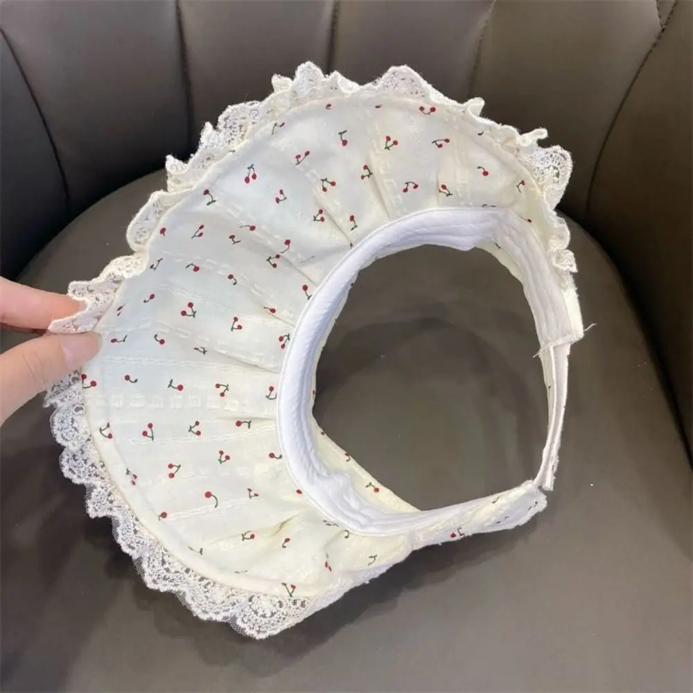 Cute Lace Trim Sun Visor Hat Breathable Adjustable Empty Top Sun Hat Red Bowknot Cherry Print UV Protection Hat Summer Season