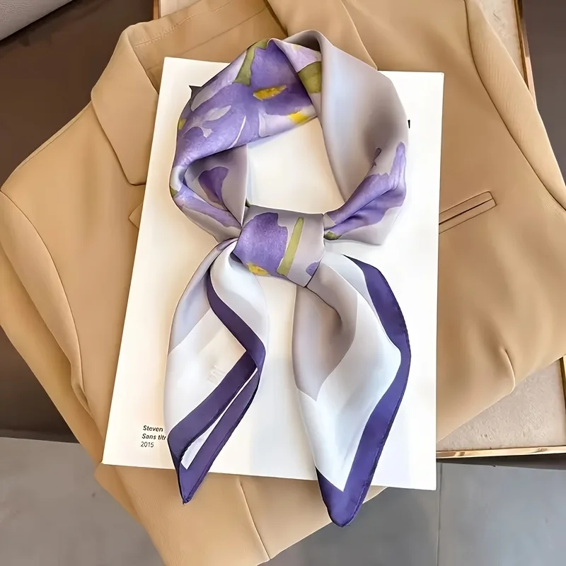 Eleganter Schal mit Lavendel-Aufdruck, quadratischer Schal für Damen, Satin, modische Wraps, Halstuch, weibliche Haarbänder, Band, Stirnband, Bandana
