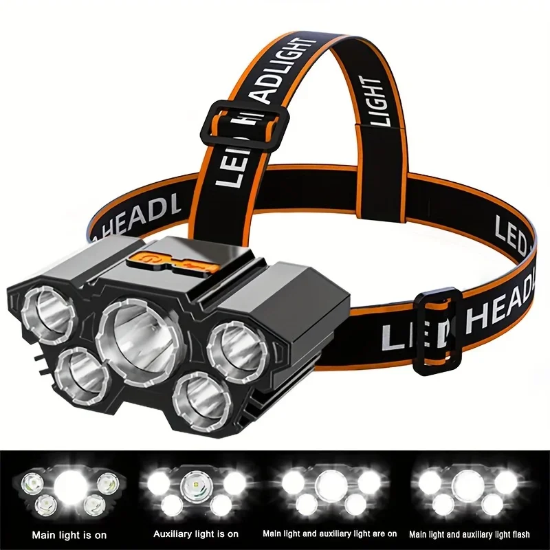 Super Brightest Powerful 5 LED Headlamp Rechargeable Flashlight Waterproof Headlights Head Torch Outdoor Camping Running Lamp