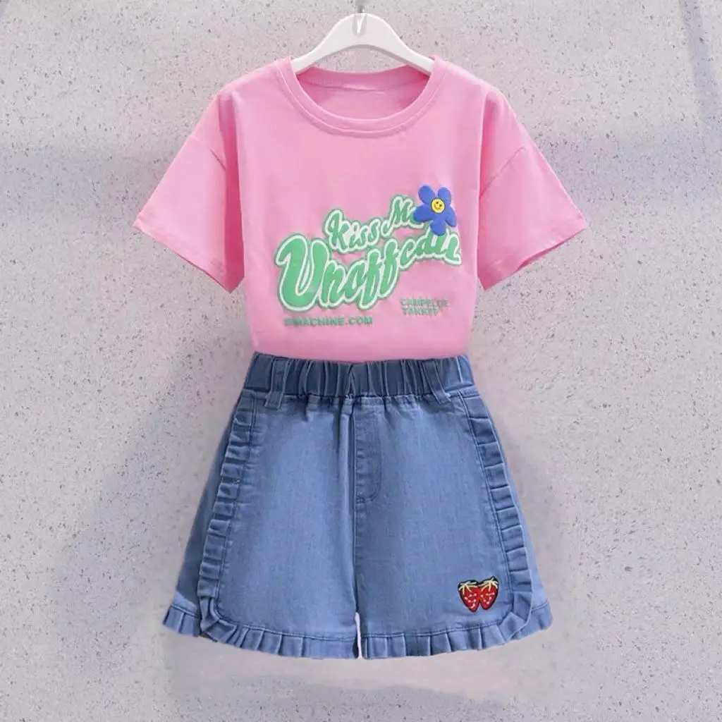 Girls Summer Leisure Cotton 2pcs Korean Style T-shirts+Denim Skirt Suits 4-14 Years Kids Casual Daily Outifts Children Clothes