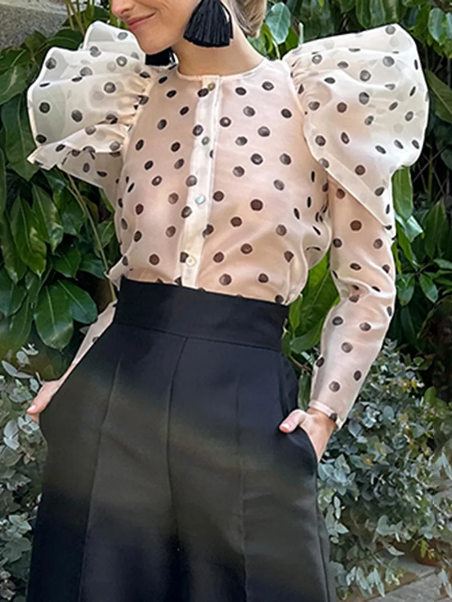 

Осенние новые однотонные прозрачные волнистые элегантные рубашки для женщин, однобортная рубашка с круглым вырезом и длинными рукавами, женская