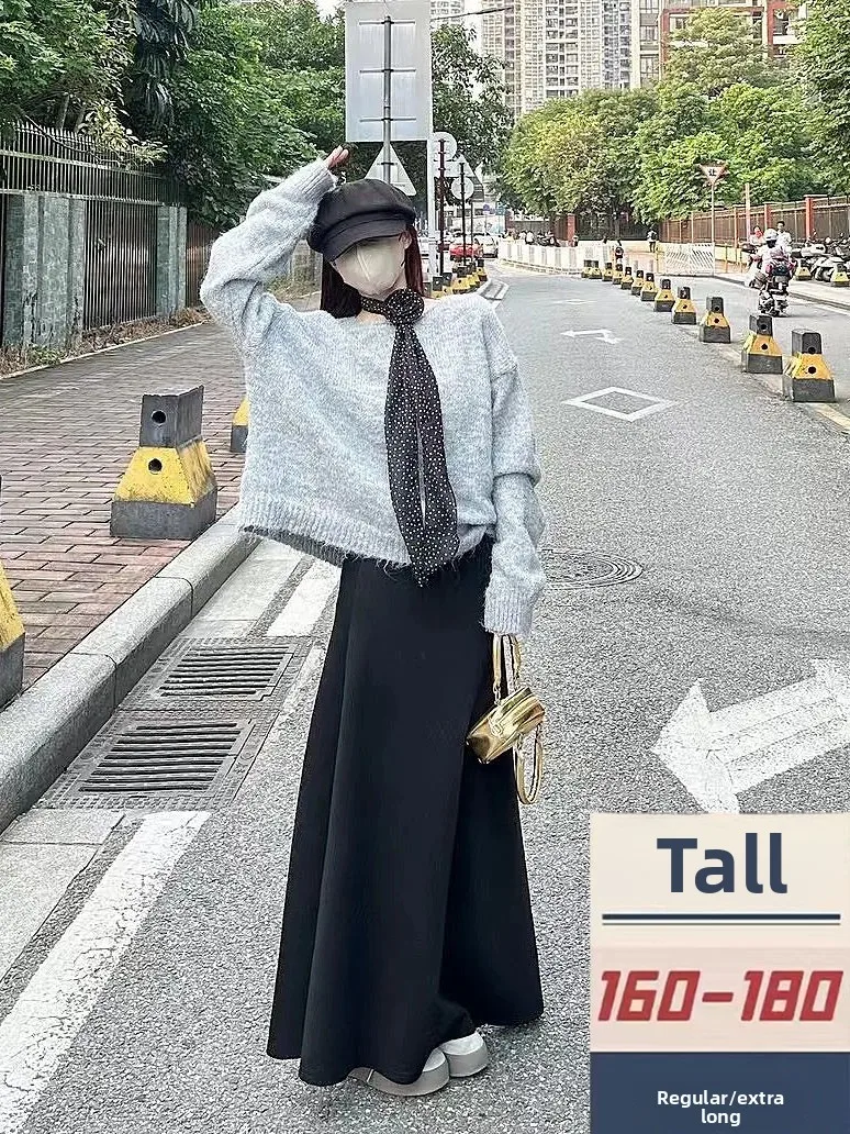 

High Waist Bla Satin Mid-Length f Skirt Women's Autumn Winter Slimming A-Line Skirt Commute Sle Korean Version
