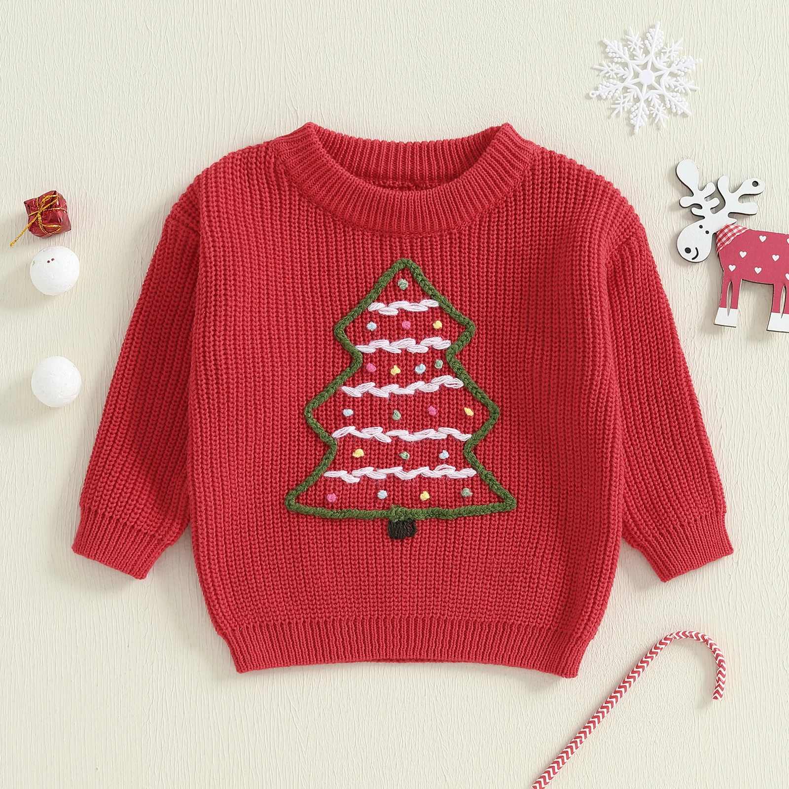 

Toddler Baby Boys Girls Christmas Sweater Christmas Tree Embroidered Ribbed Long Sleeve Knitted Pullover Tops for Fall/Winter
