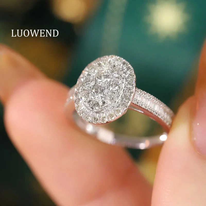 LUOWEND 18K White Gold Rings Luxury Oval Design 1.0carat Real Natural Diamond Engagement Ring for Women High Wedding Jewelry