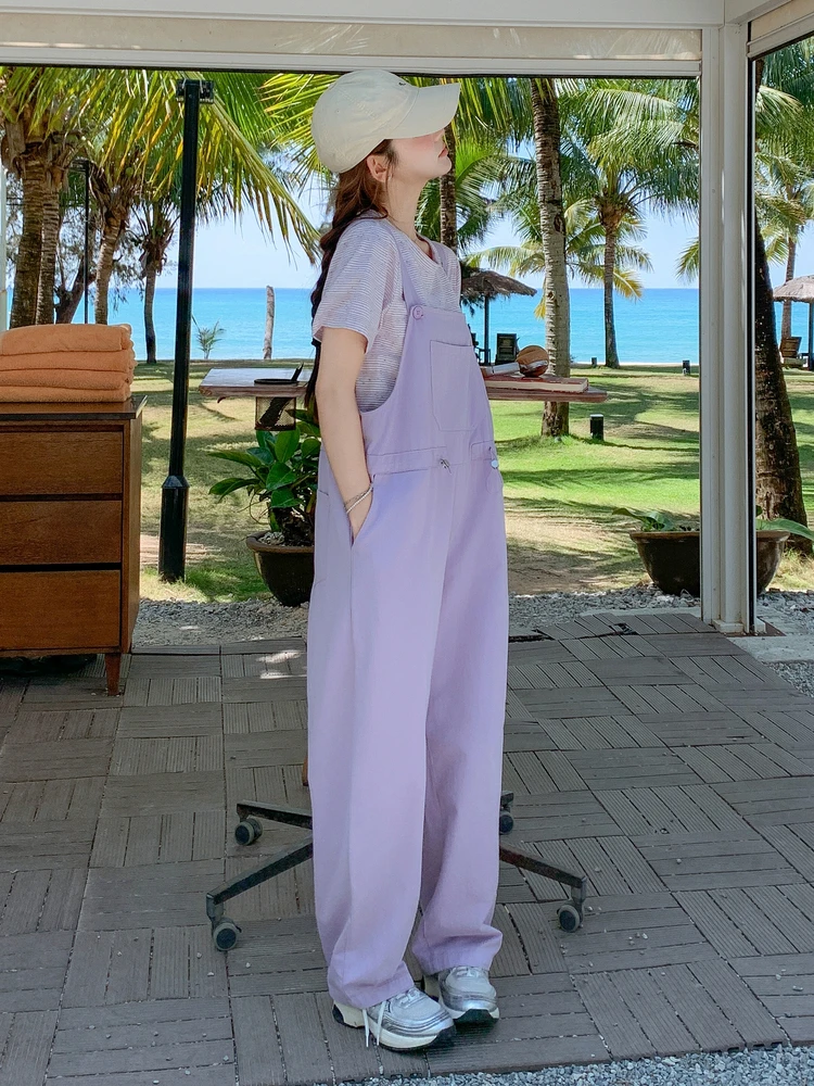 

Design Sensation Purple Workwear Overalls Striped T-irt Set Two-Piece Suit Women Summer College Sle Small Size Onesie