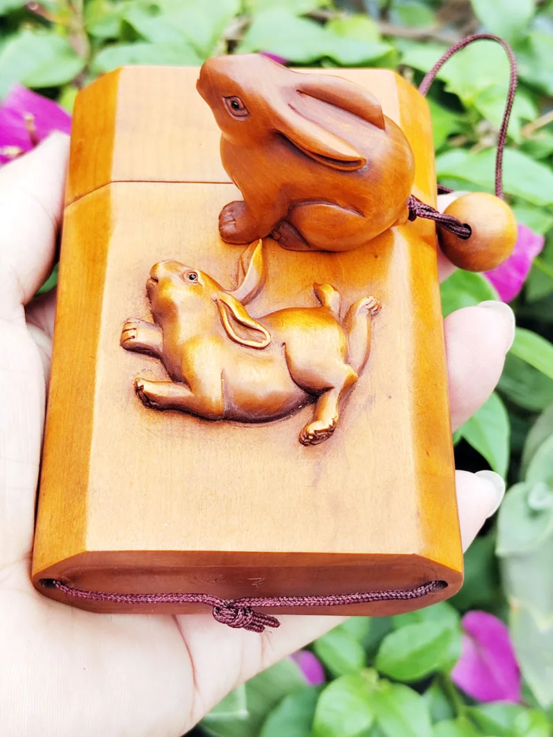 IN007 - 10.6 x 7.5 x 2.9 CM Hand Carved Boxwood Inro/Netsuke/Ojime Set : Lovely Rabbit