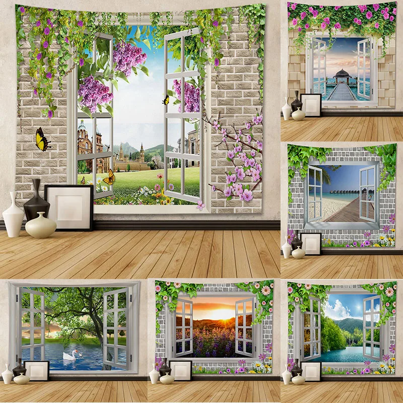 Tapestry wall background 3D wonderful scenery beautiful window tiles background decorative hanging cloth