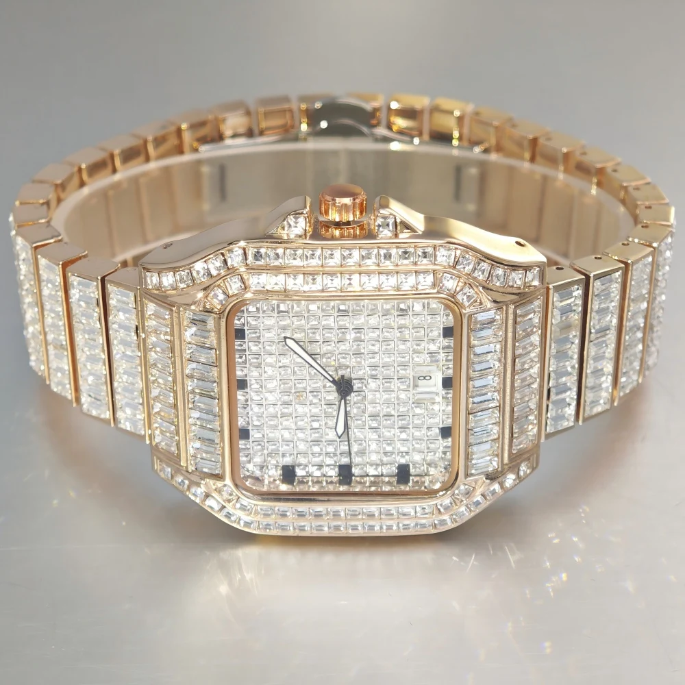 ساعة UNIGUET Rose Ice Square للرجال من الفولاذ المقاوم للصدأ ساعات كوارتز فاخرة للرجال هيب هوب مستطيلة من الماس والمجوهرات