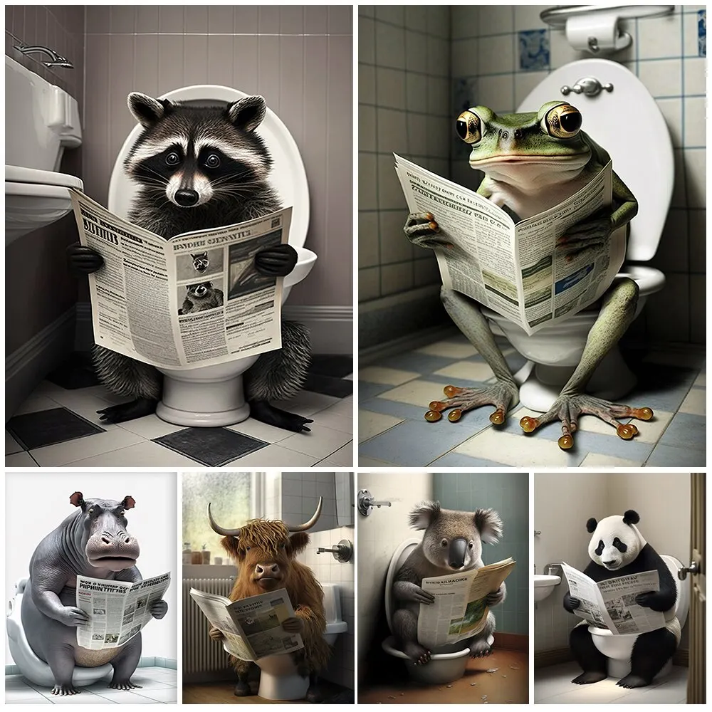 Póster de lienzo sin marco para pared de baño de mapache nórdico, decoración para sala de estar, póster de WC de Animal divertido, imágenes de decoración de pared para el hogar