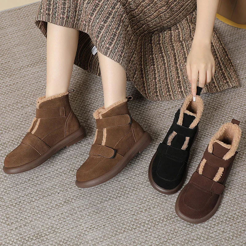 Snow Boots Women Cow Suede Furry Solid Color Round Toe Hook & Loop Flat With Winter Lasies Shoes Handmade