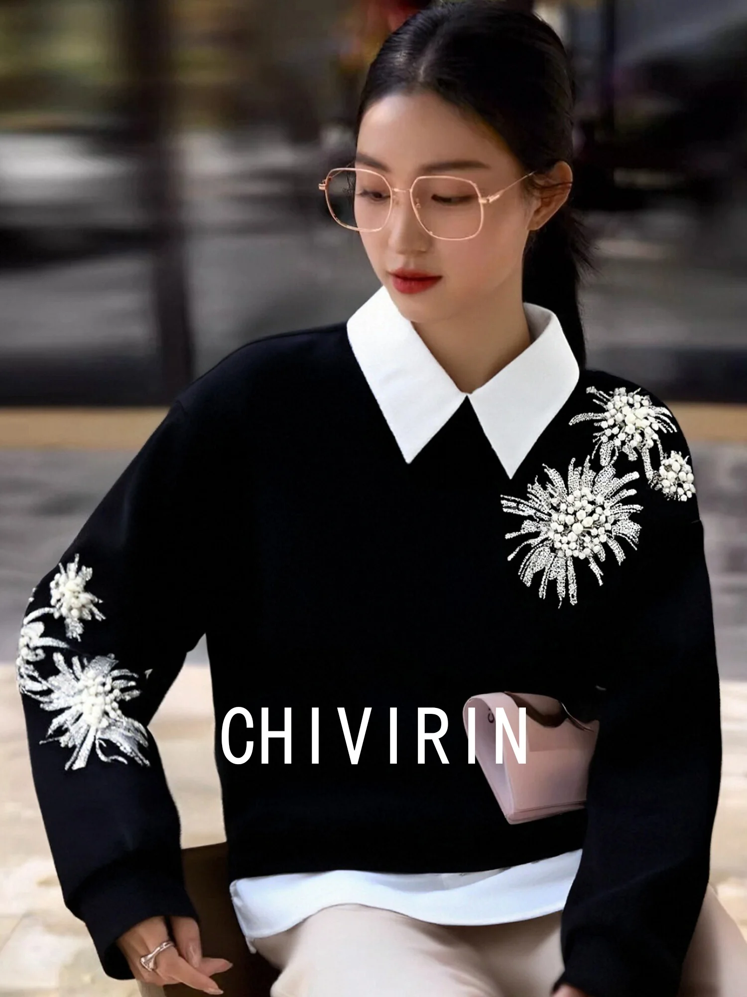 

Chivirin Premium Pearl Decorated Color Blo Collar Sweatirt Women's Pure Cotton Comfortable Fit Long Sve Autumn Winter ...