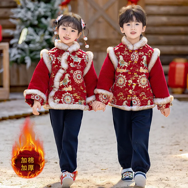 Boy Girl Winter Cotton-Padded Jacket Suit Thicken Coat Pants Child Warm Kawaii Chinese Style New Year Clothing