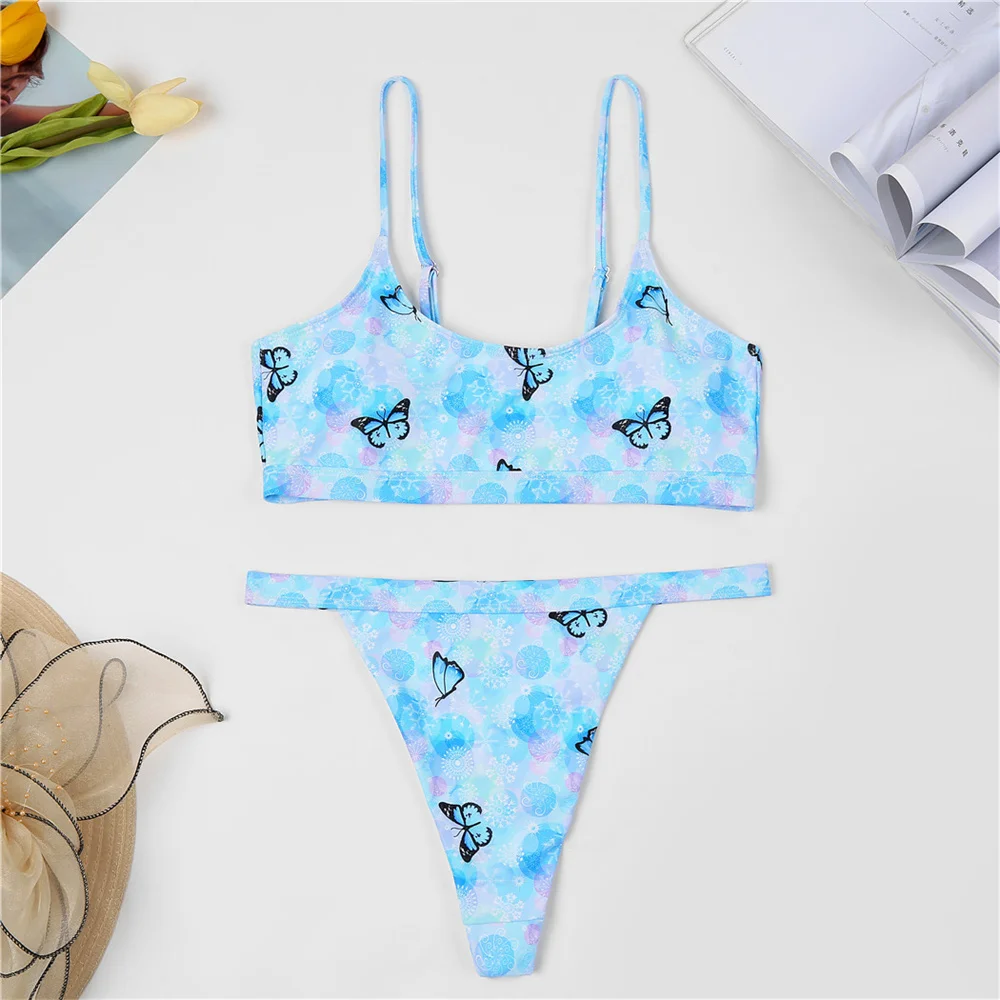 

Сексуальное бикини на бретельках, синий купальник с бабочкой, Y2K, купальник с принтом, экстремальная танга, женский наряд для пляжного отдыха, купальный костюм, комплекты бикини