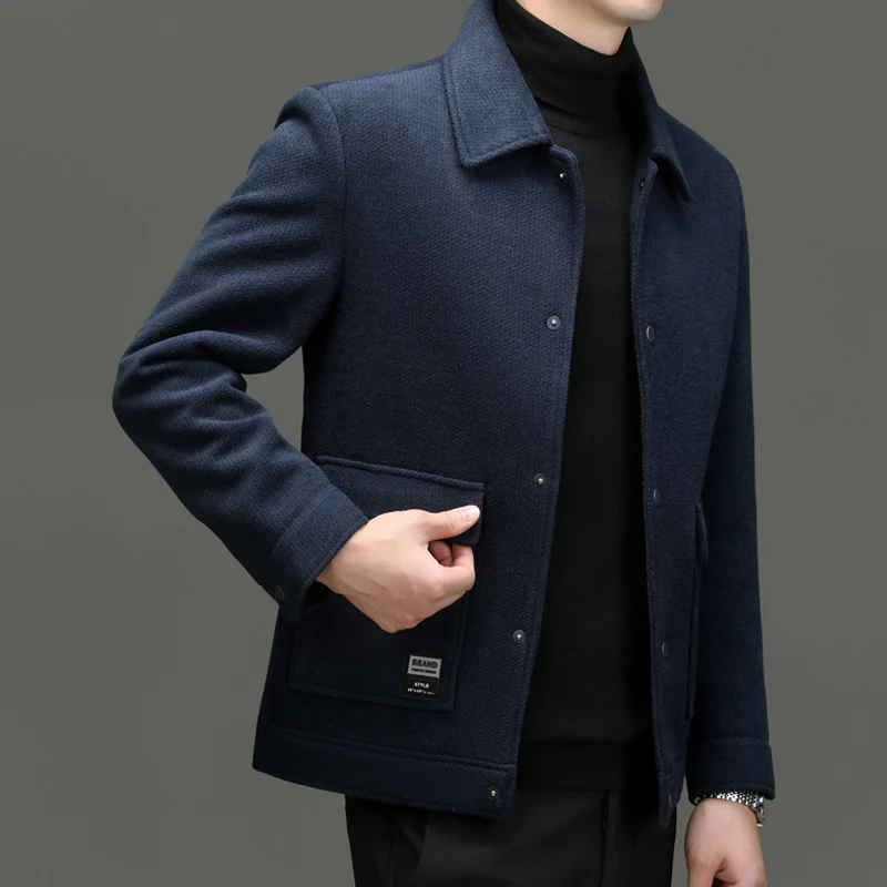 2024 New Arrival Men Wool Jackets Gray Khaki Navy Blue Turn Down Collar Coat Single Breasted Outfits Daily Wear Male OOTD Look