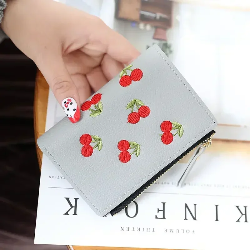 Fashion Women Short Wallet Small Zipper Purse Cherry Embroidery Coin Purse Cute Simple Card Holders Lady Girl Mini Money Bag