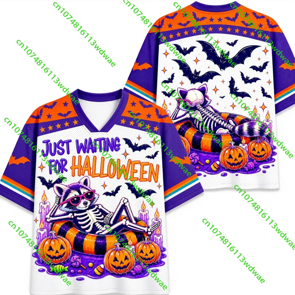 Summerween Just Waiting For Halloween Mesh Jersey Women's Ghost Skeleton V-neck Short Sleeved Shirt Breathable Horror Cosplay